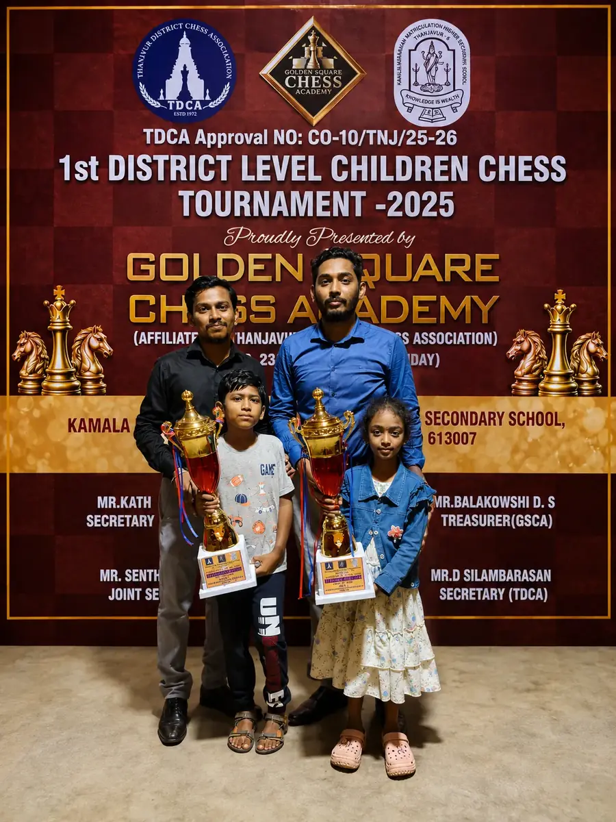 Two children holding trophies with the organisers at a Golden Square Chess Academy tournament in Thanjavur