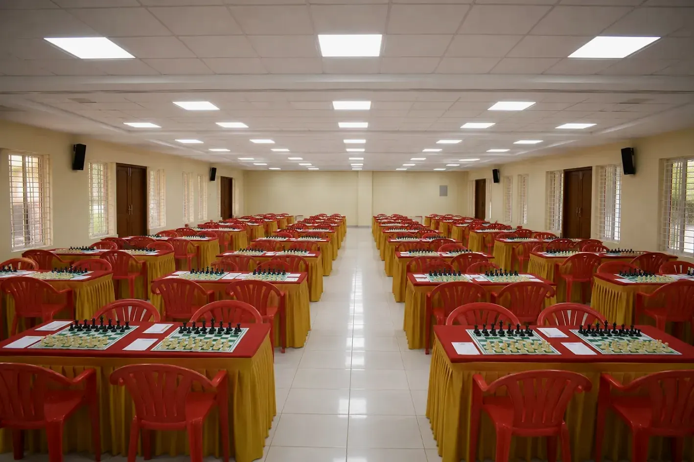 The playing hall set with boards before a round